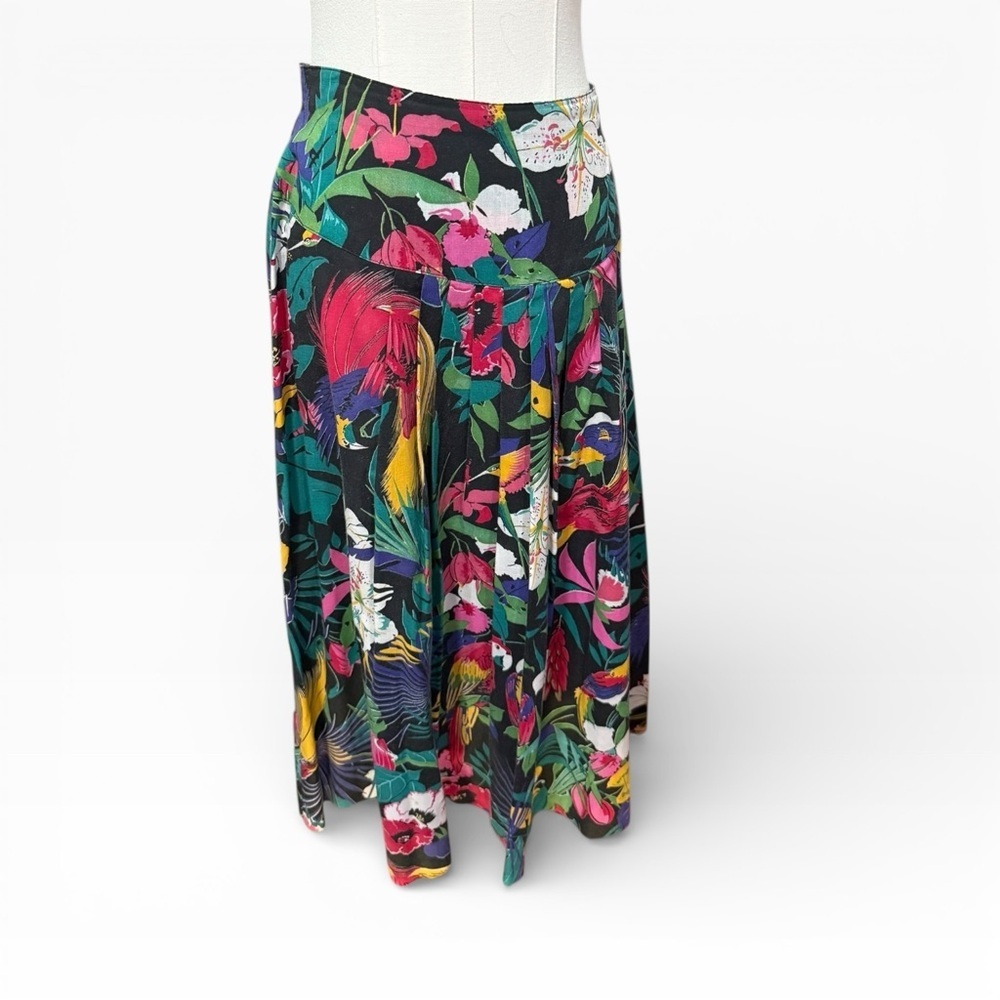 🔻Vintage Tropical Bird Print Midi Skirt | High Waist | Pleated - Picture 2 of 4